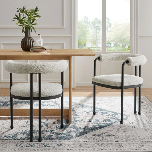 Turin Curved Back Boucle and Metal Dining Accent Chair in Black Pearl