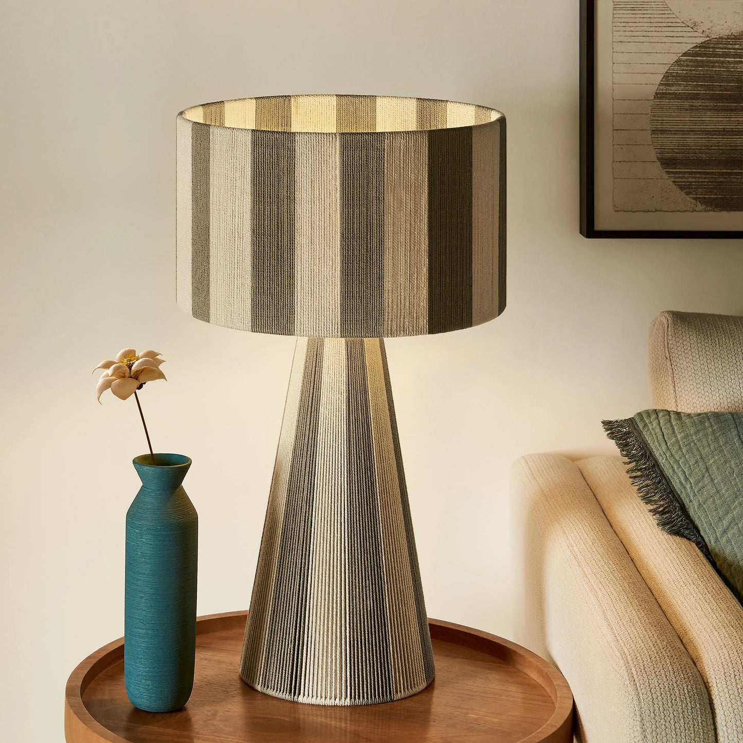 Renae Handwoven Cotton Thread Striped Table Lamp in Cobblestone