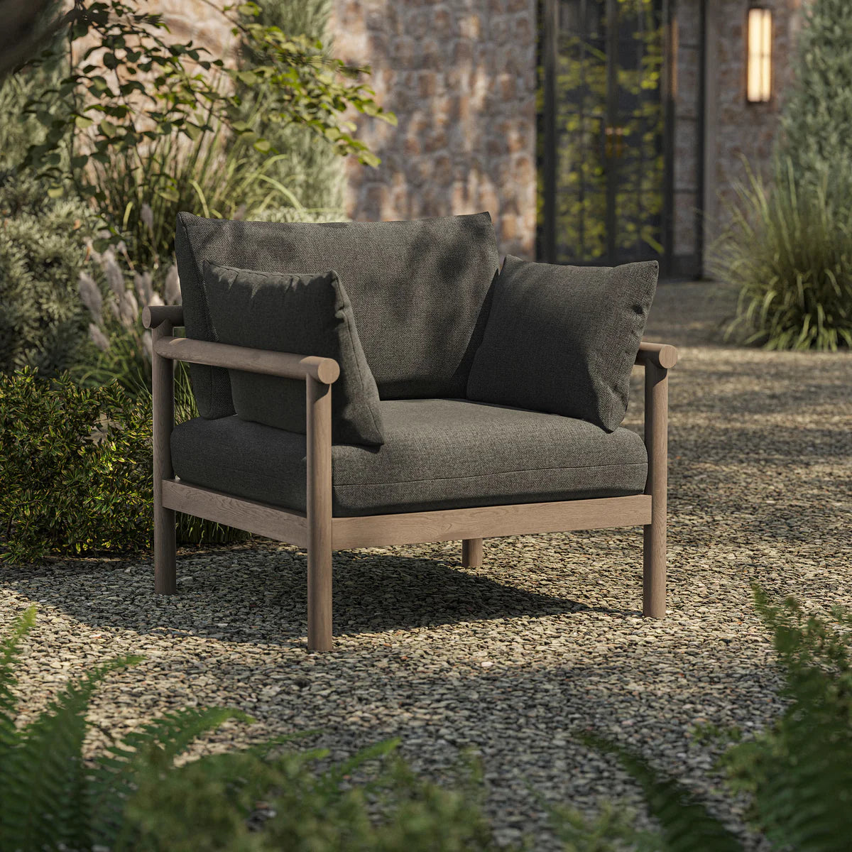 Eleni Outdoor Teak Wood Armchair in Weathered Gray Flint
