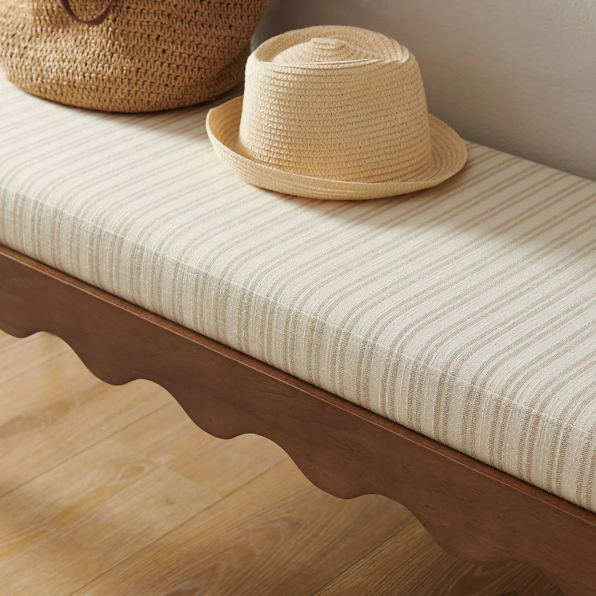 Mirette Scalloped Edge Striped Accent Bench in Spa Blue Stripe