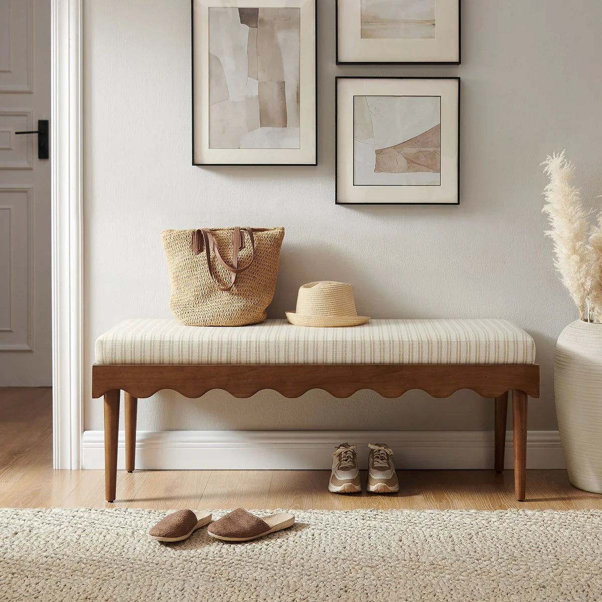 Mirette Scalloped Edge Striped Accent Bench in Spa Blue Stripe