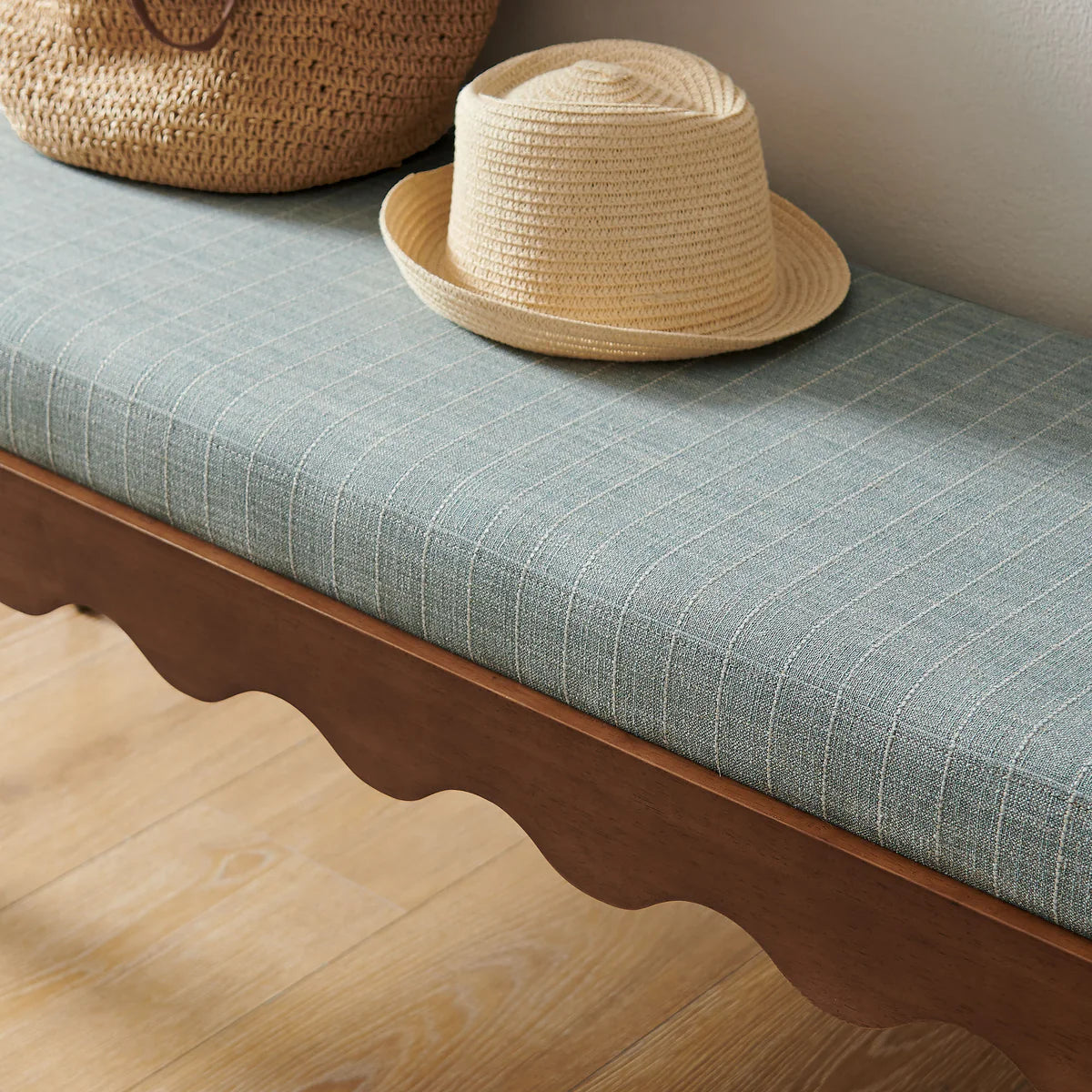 Mirette Scalloped Edge Striped Accent Bench in Spa Blue Stripe