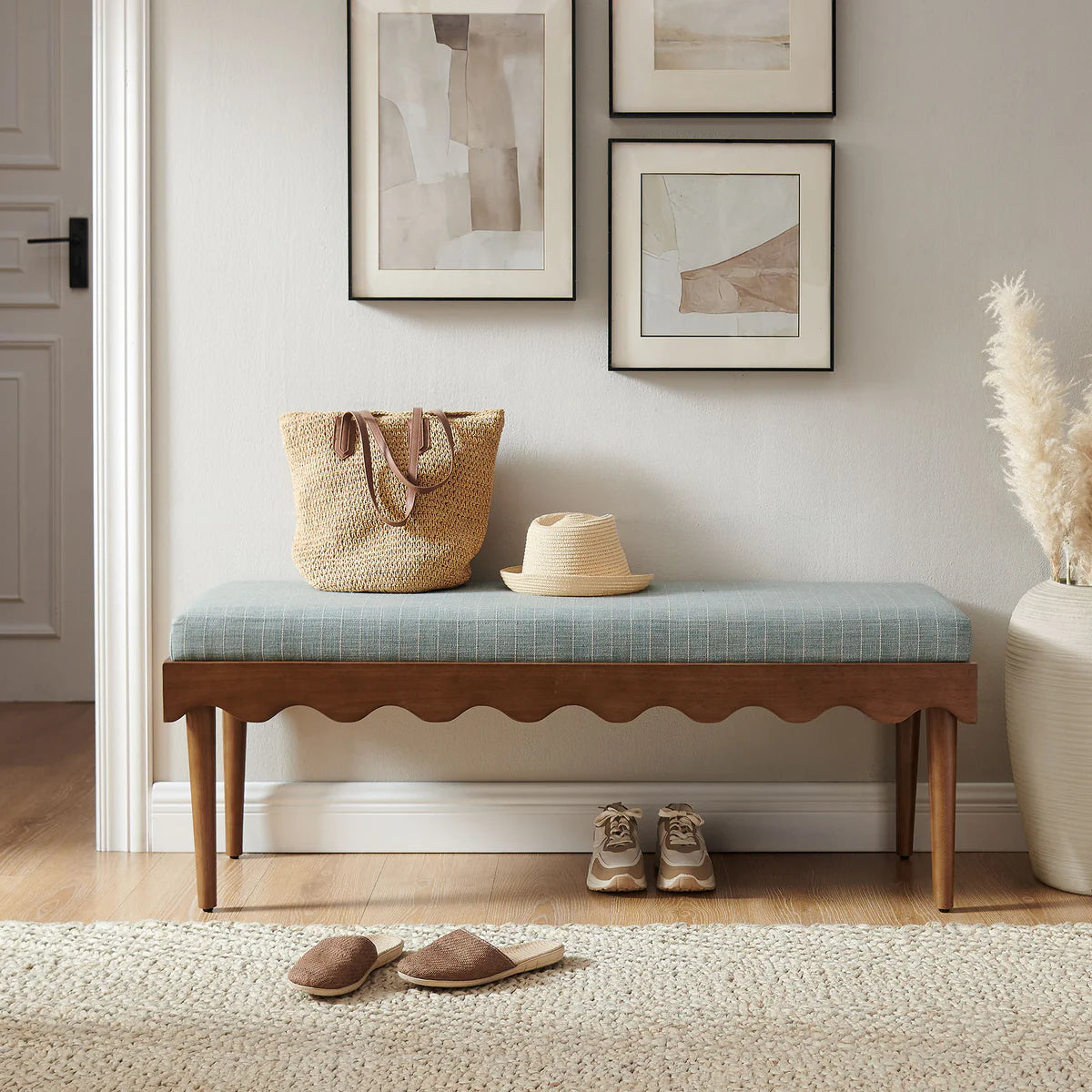 Mirette Scalloped Edge Striped Accent Bench in Spa Blue Stripe