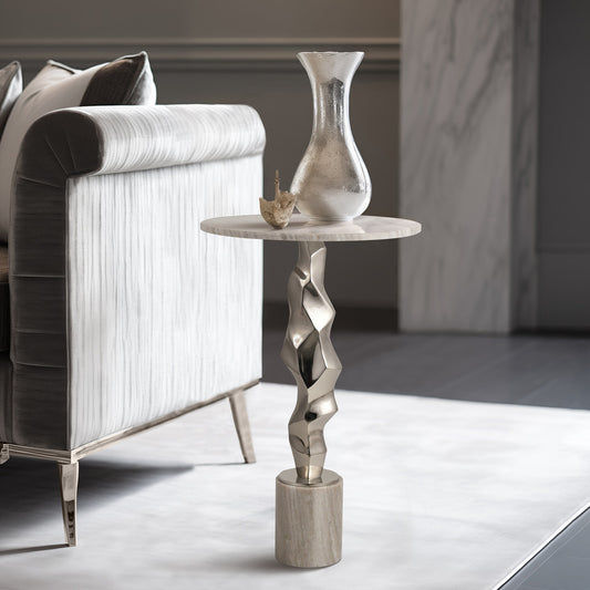 25" Kashon Marble Top Silver Table