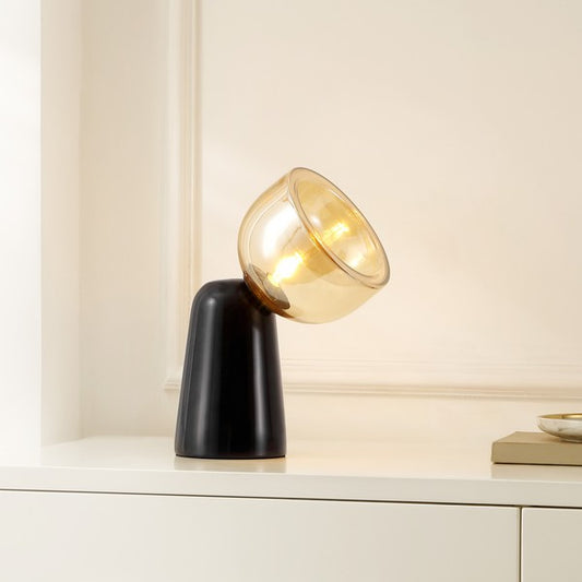 OMARA 13 INCH AMBER / BLACK MARBLE GLASS / MARBLE TABLE LAMP