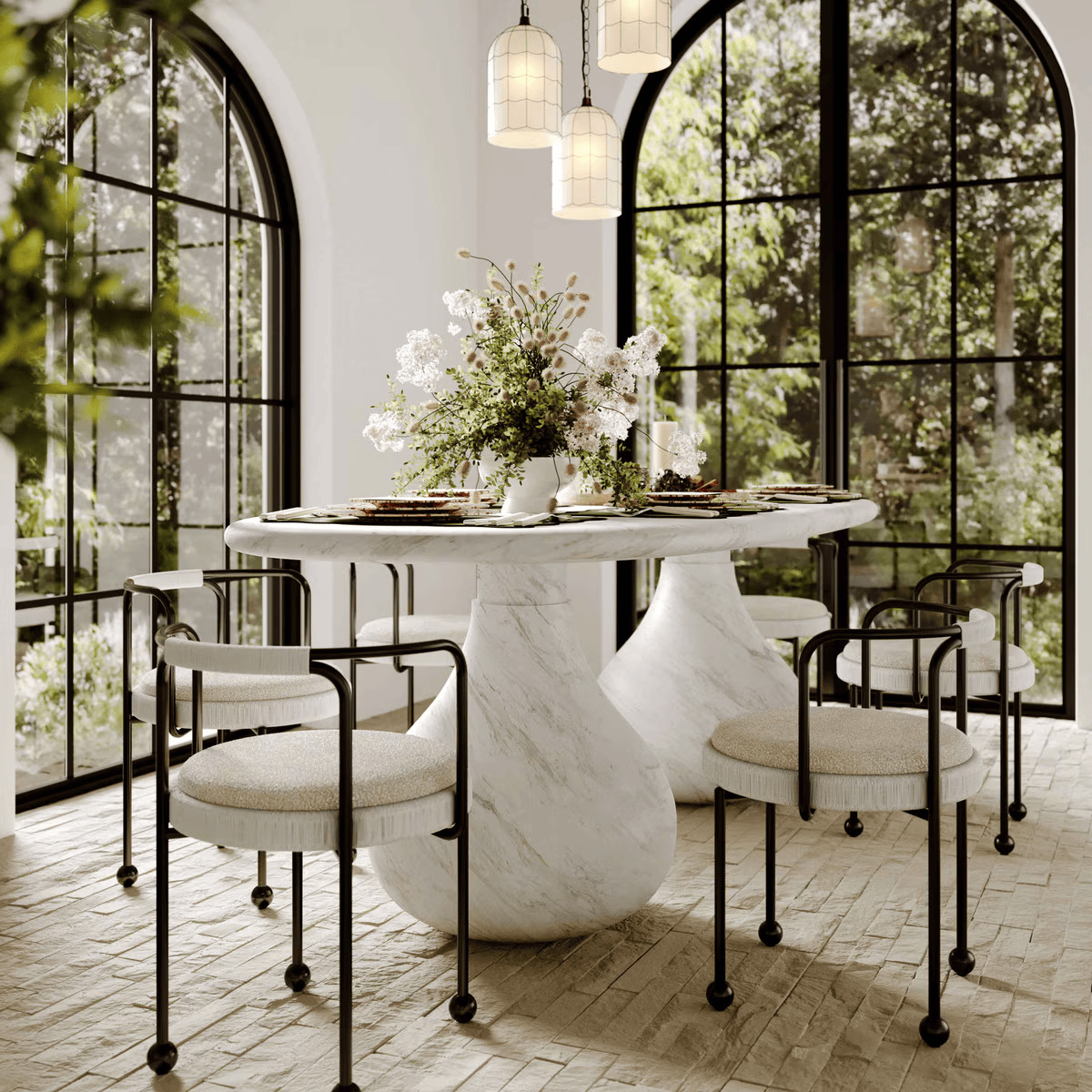 Smooch White Marble Print Indoor / Outdoor 87" Oval Dining Table