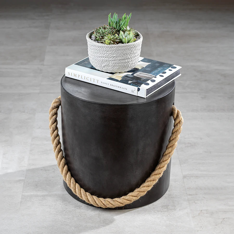 Marina Concrete Stool with Rope Accent - Black