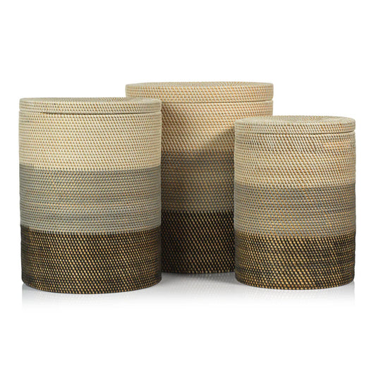 Catalina Rattan Lidded Baskets - Set of 3 - Natural, White, Gray and Black