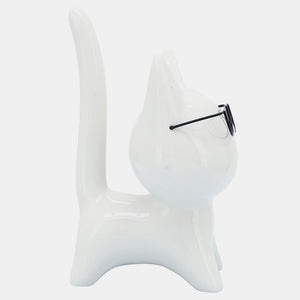 Porcelain, 8"H Kitty W/ Glasses, White