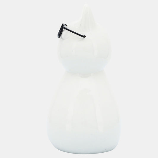 Porcelain, 8"H Cat W/ Glasses, White