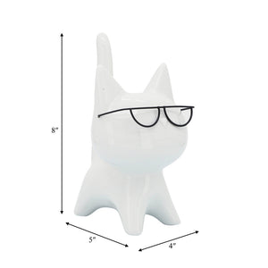 Porcelain, 8"H Kitty W/ Glasses, White