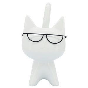 Porcelain, 8"H Kitty W/ Glasses, White