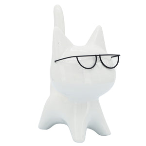 Porcelain, 8"H Kitty W/ Glasses, White